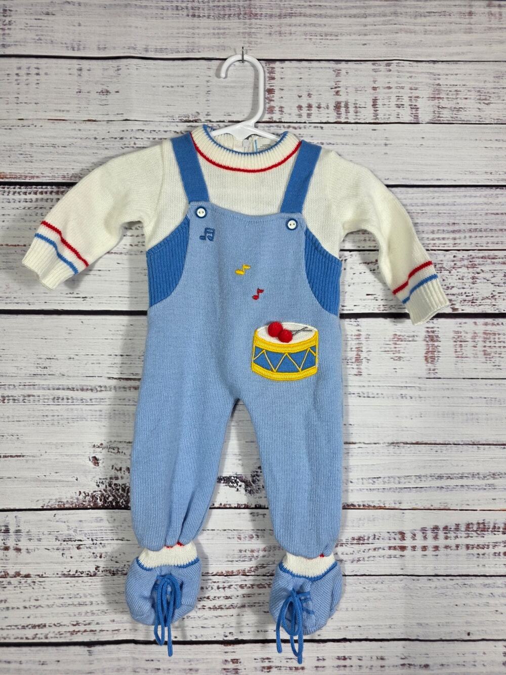 Vintage Unbranded Knit Baby Boy Outfit One Piece Drum Music Blue 3-6 Months